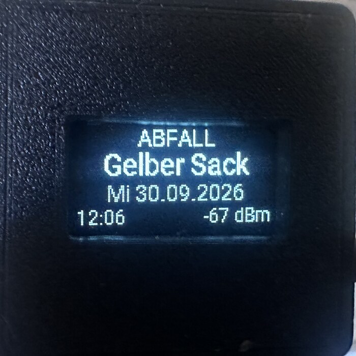 OLED-Display zeigt Abfallkalender: Gelber Sack am Mittwoch