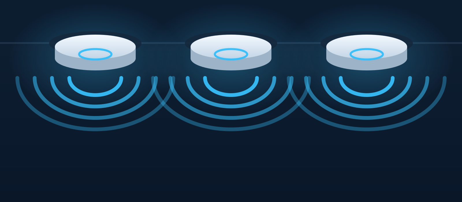 Illustration von drei Decken-Access-Points mit WLAN-Signalwellen